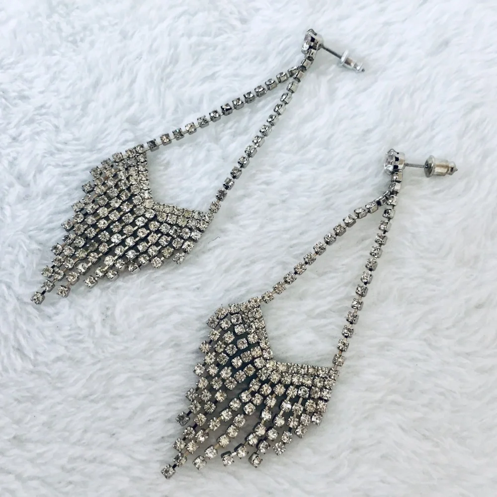 Silver Tone Post Pierced Earrings Clear Sparkling